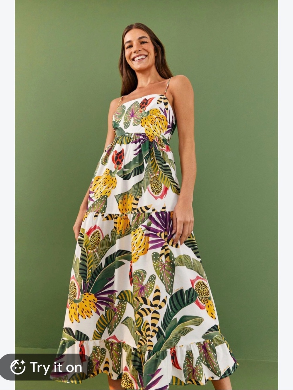 FARM Rio White Midi Dress with Yellow, Green, Purple & Pink Tropical Print small